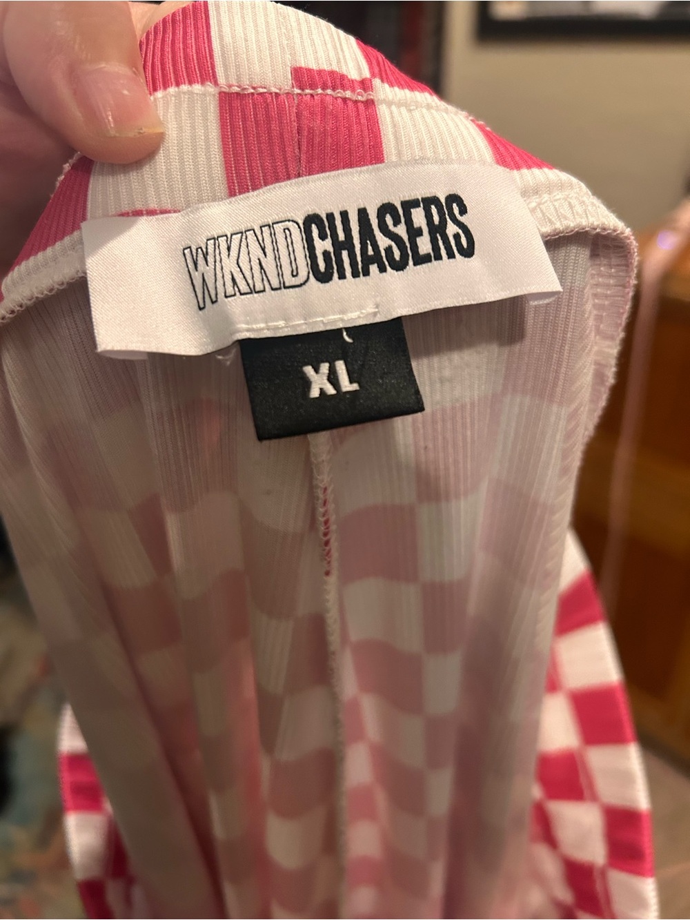 WKND Chasers Pink and White Checkered Wide Leg Pants - Picture 2 of 2